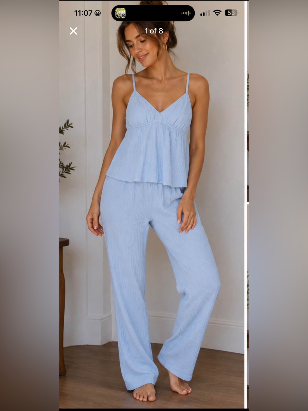 La SENZA Light Blue Ribbed Pajama Set - Spaghetti Strap Top & Wide Leg Pants